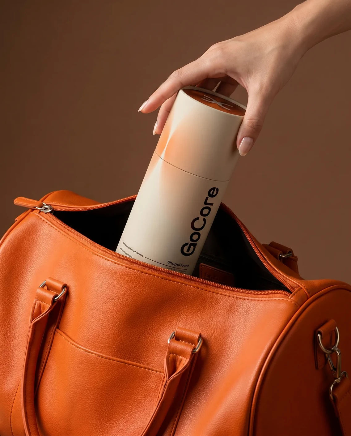 Pote de ShapeGuard sendo guardado na mochila GoCore laranja
