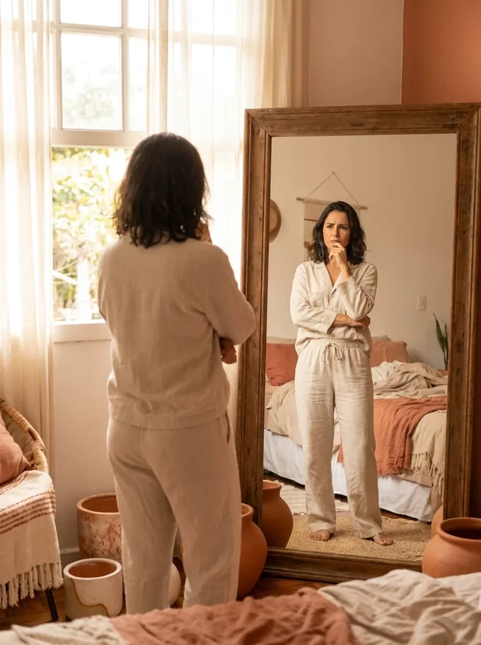 Mulher se olhando no espelho do quarto, insatisfeita