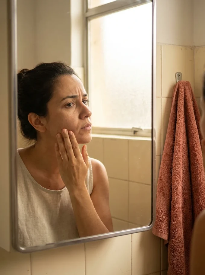 Mulher preocupada tocando o rosto diante do espelho do banheiro