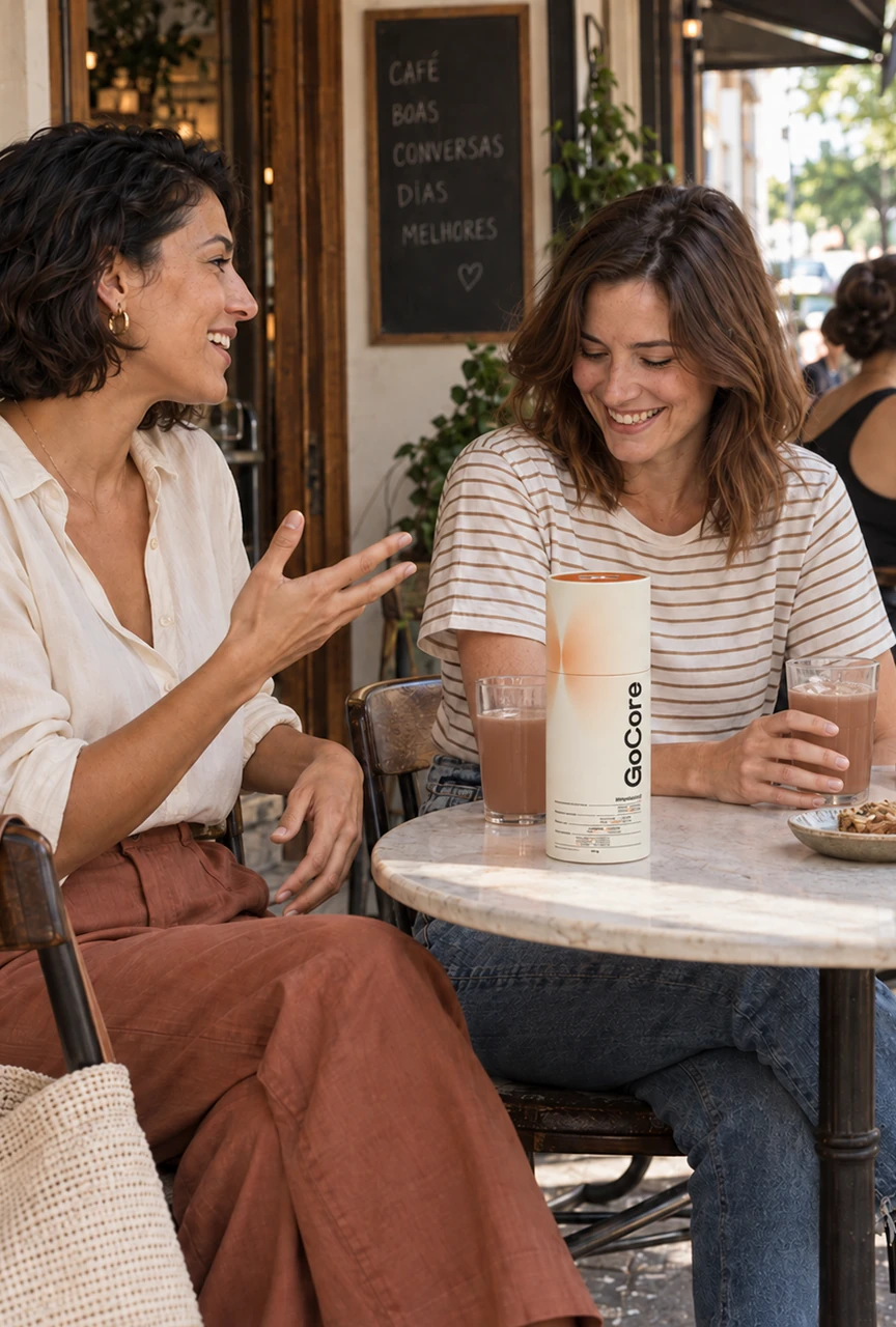 Duas amigas conversando num café com o pote de ShapeGuard na mesa