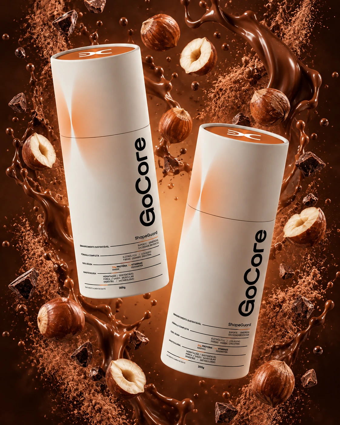 Dois potes de ShapeGuard entre avelãs e chocolate