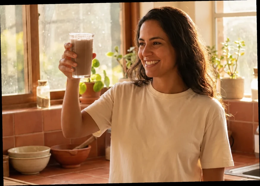 Mulher sorrindo na cozinha pela manhã, erguendo o copo de ShapeGuard