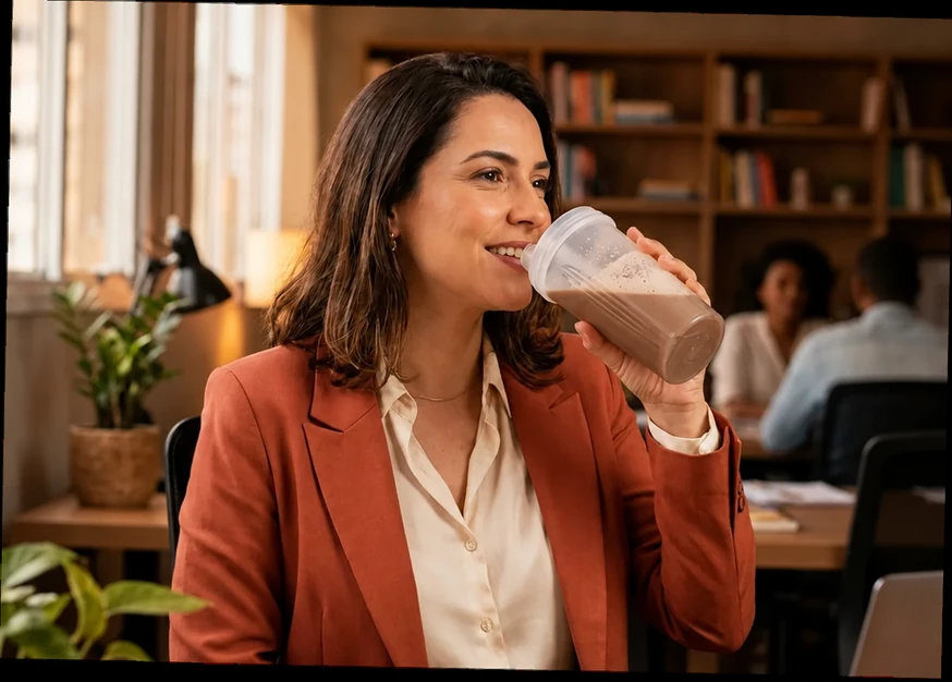 Mulher no escritório bebendo o ShapeGuard no meio do dia de trabalho