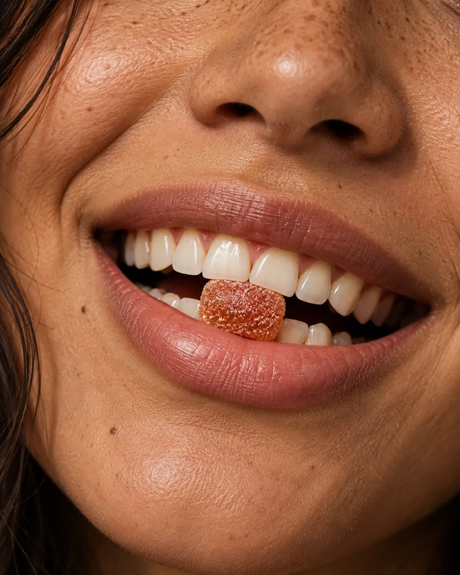 Sorriso com uma goma de própolis entre os dentes