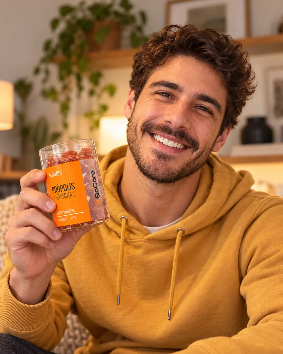 Homem sorrindo, mostrando o pote da goma de própolis GoCore