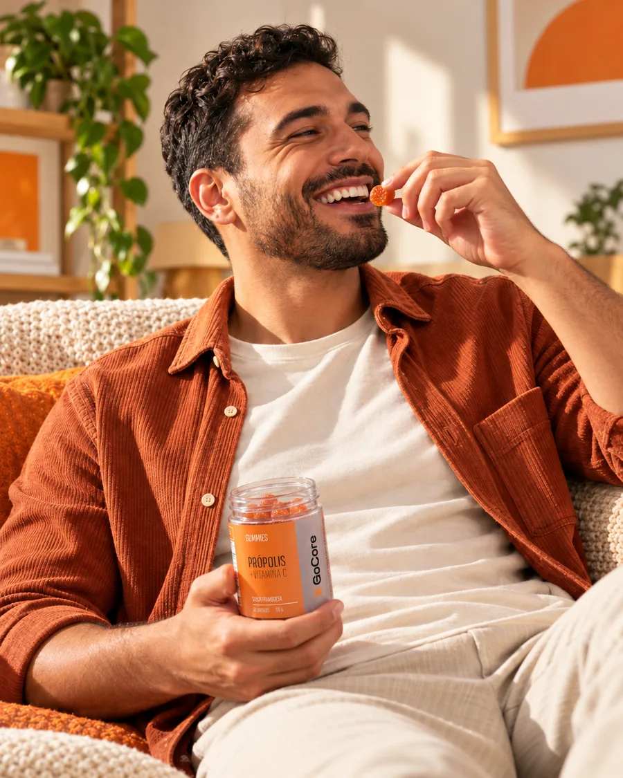 Homem na poltrona comendo uma goma de própolis, com o pote GoCore na mão