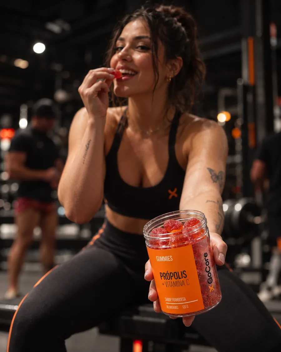 Mulher no treino comendo uma goma de própolis e mostrando o pote GoCore