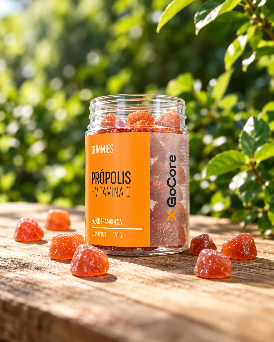 Pote da goma de própolis com vitamina C da GoCore sobre a mesa, com o rótulo à mostra e gomas ao redor
