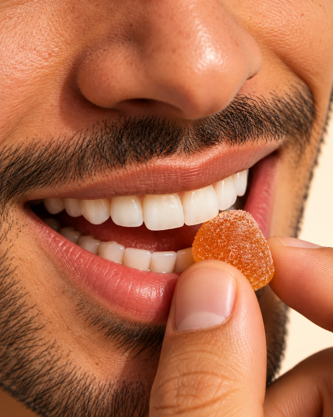 Homem sorrindo prestes a morder uma goma de própolis